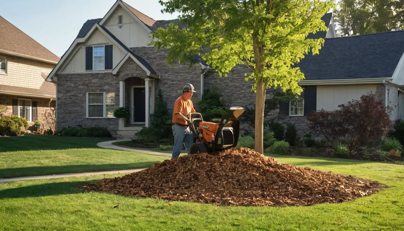 A grinder working on a tree stump in a Clearwater neighborhood