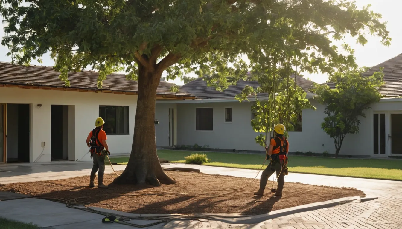 Crew safely lowering a section of a large tree beside a Clearwater home
